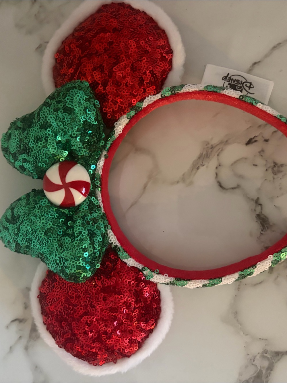 Disney Red Sequin Ear Headband with Green Sequin Bow and Peppermint Button